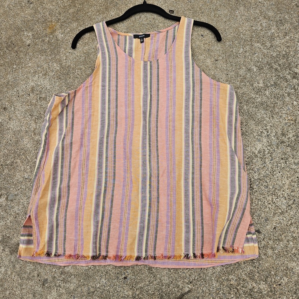 DREW Striped Tank Top L Frayed Hem Detail Colorful Stripe Linen Cotton Rayon